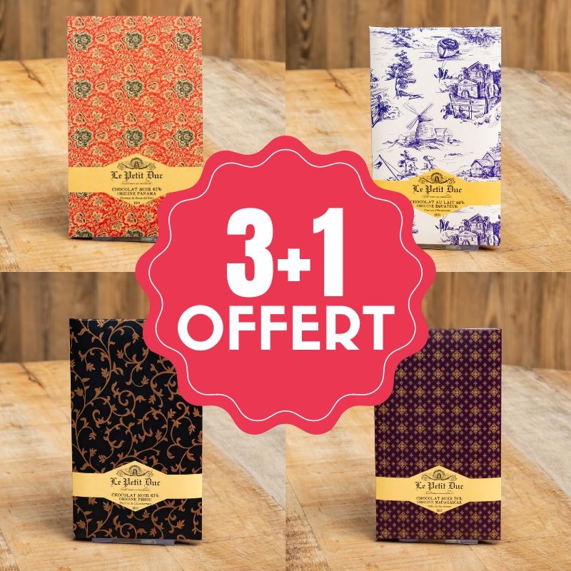 TABLETTES DE CHOCOLAT pures origines -offre spéciale 3+1 offerte